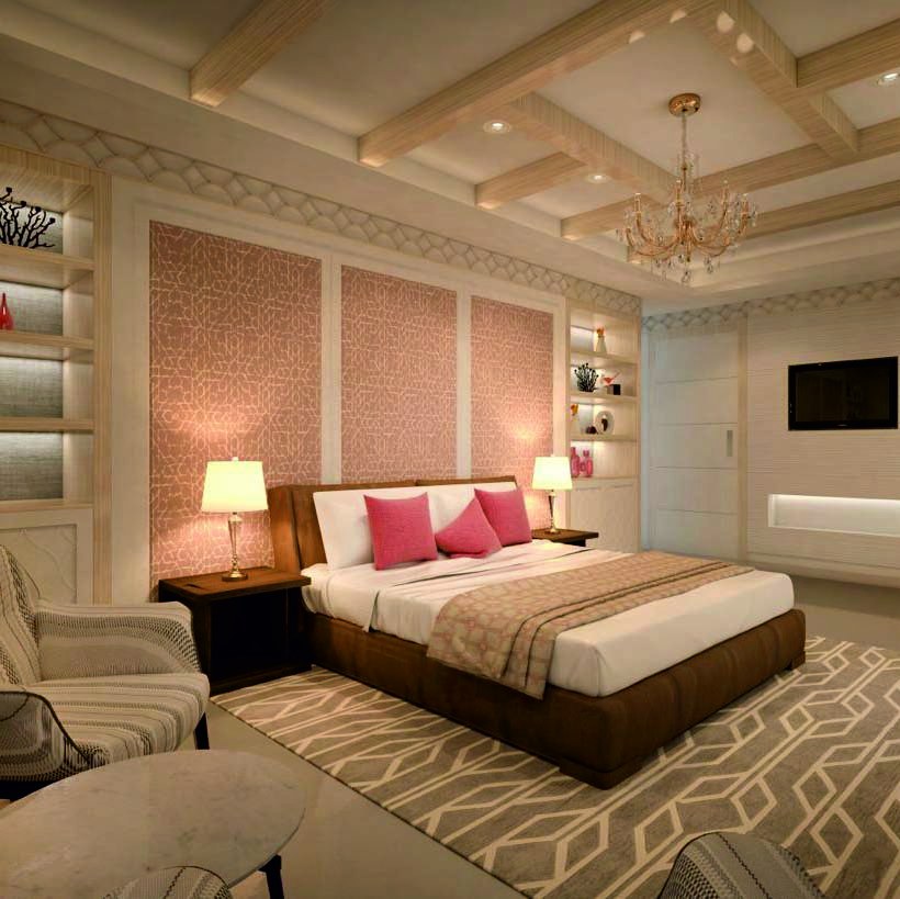 3D render of a guest suite with coffered ceiling